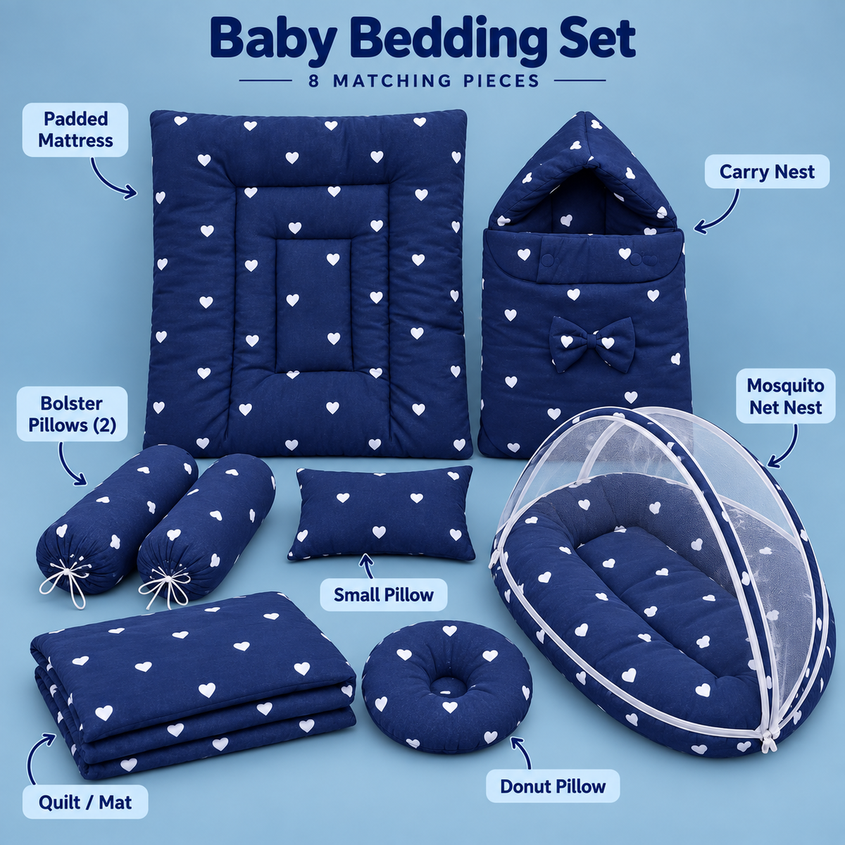 Navy Heart 8-Piece Baby Bedding Set