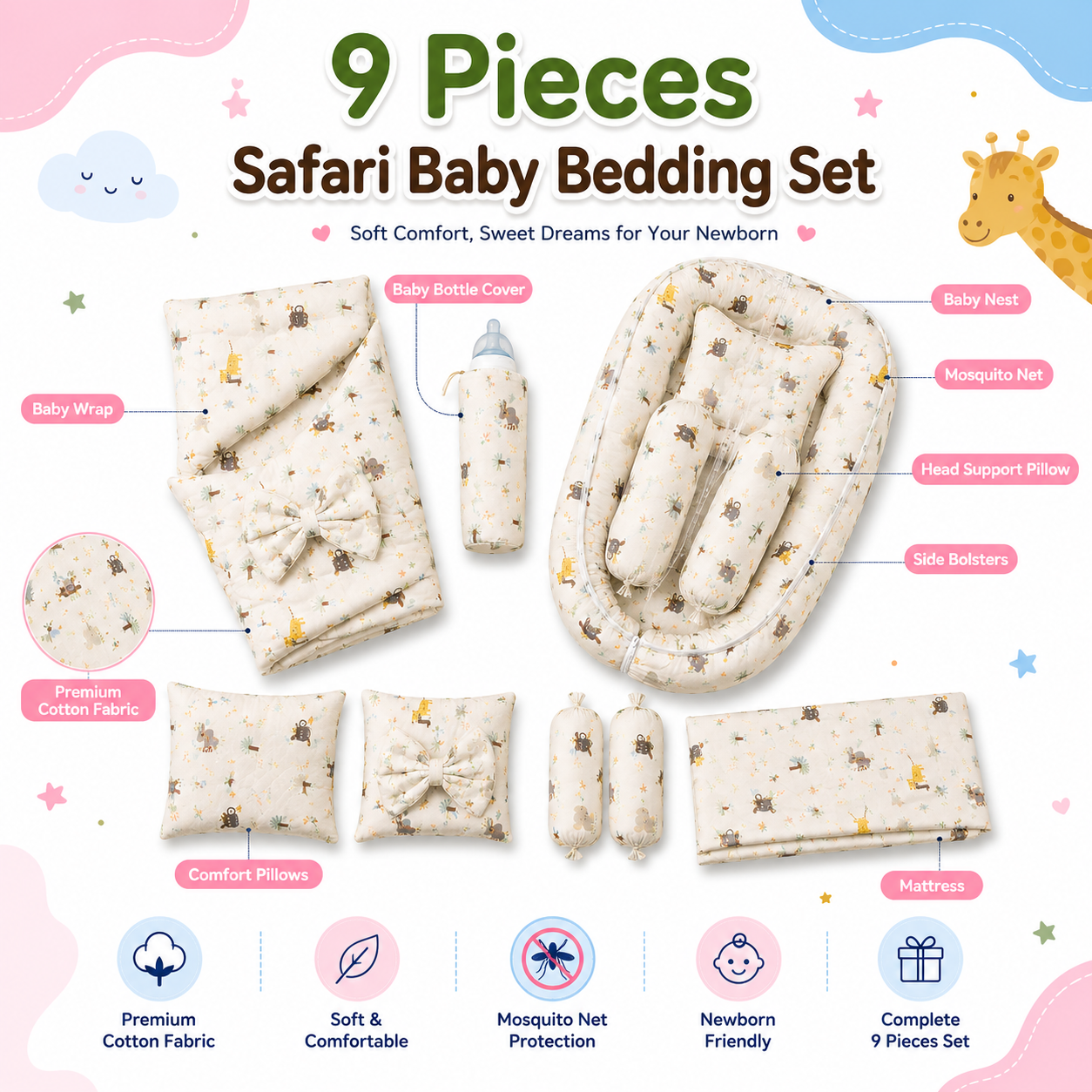 9 Pieces Safari Baby Bedding Set