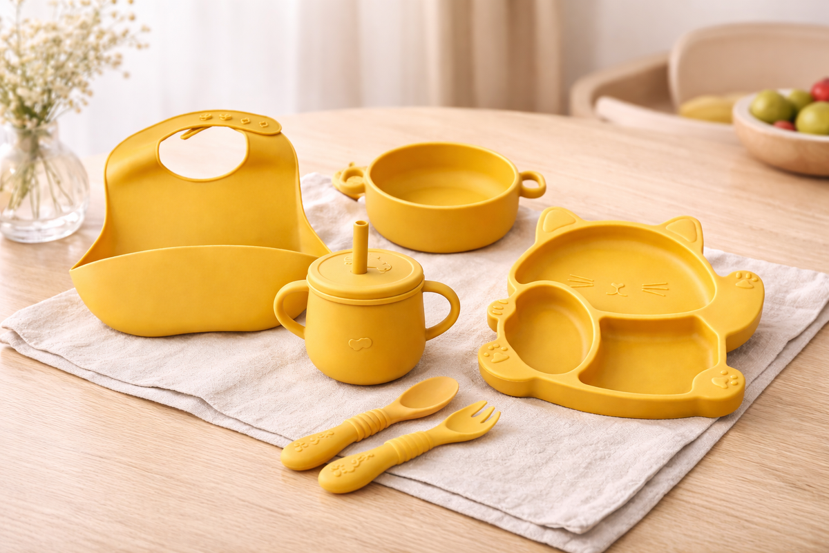 Baby Feeding Set – 6 Pcs Silicone Kit with Plate, Bowl, Cup, Bib & Spoons (BPA Free)