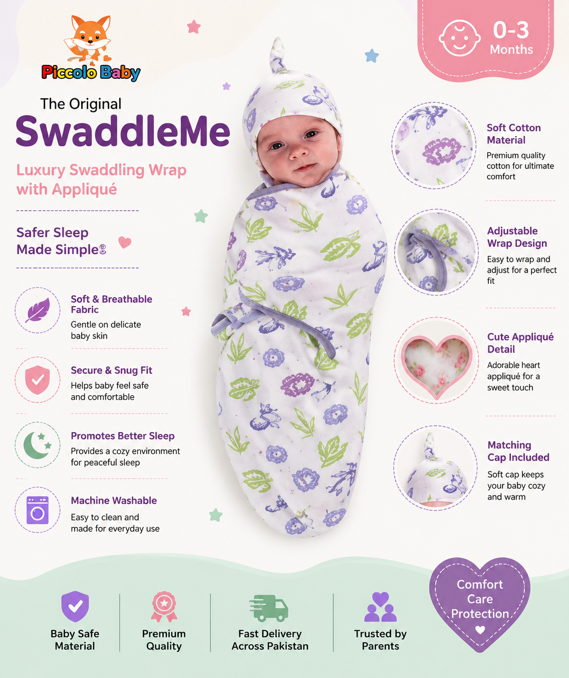 Premium Baby Swaddle Wrap with Cap