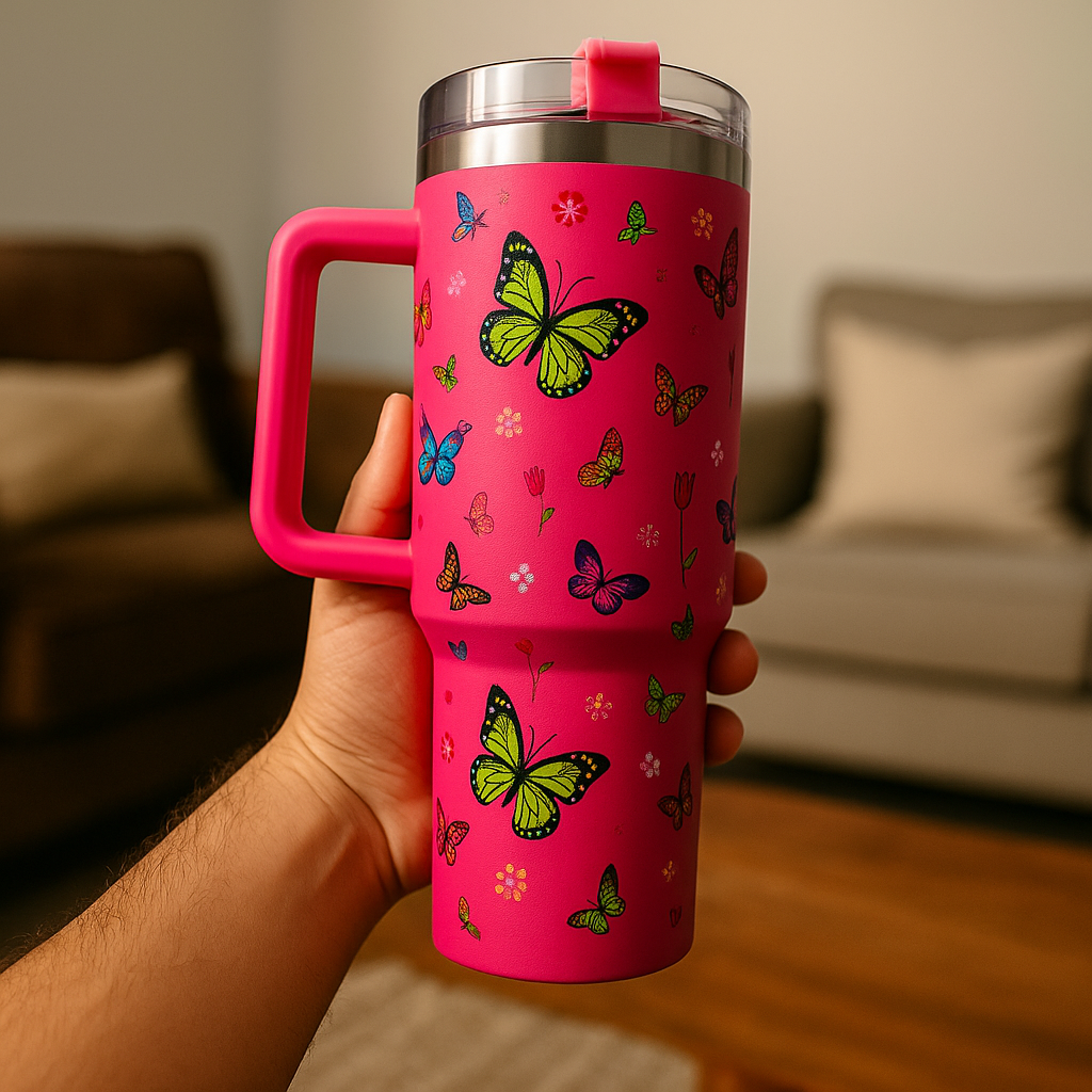 Pink Butterfly HydraFlex Bottle 1200 ML with Straw