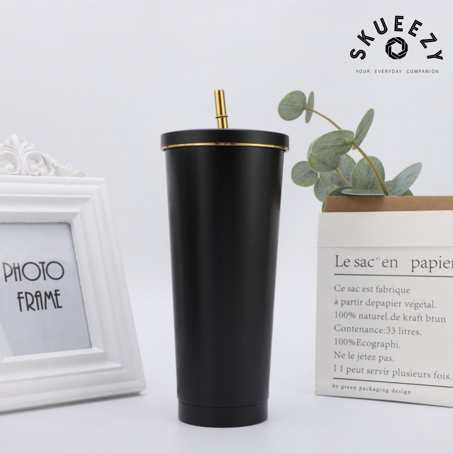 Elegance Flow Cup 710 ML Bottle with Golden Straw