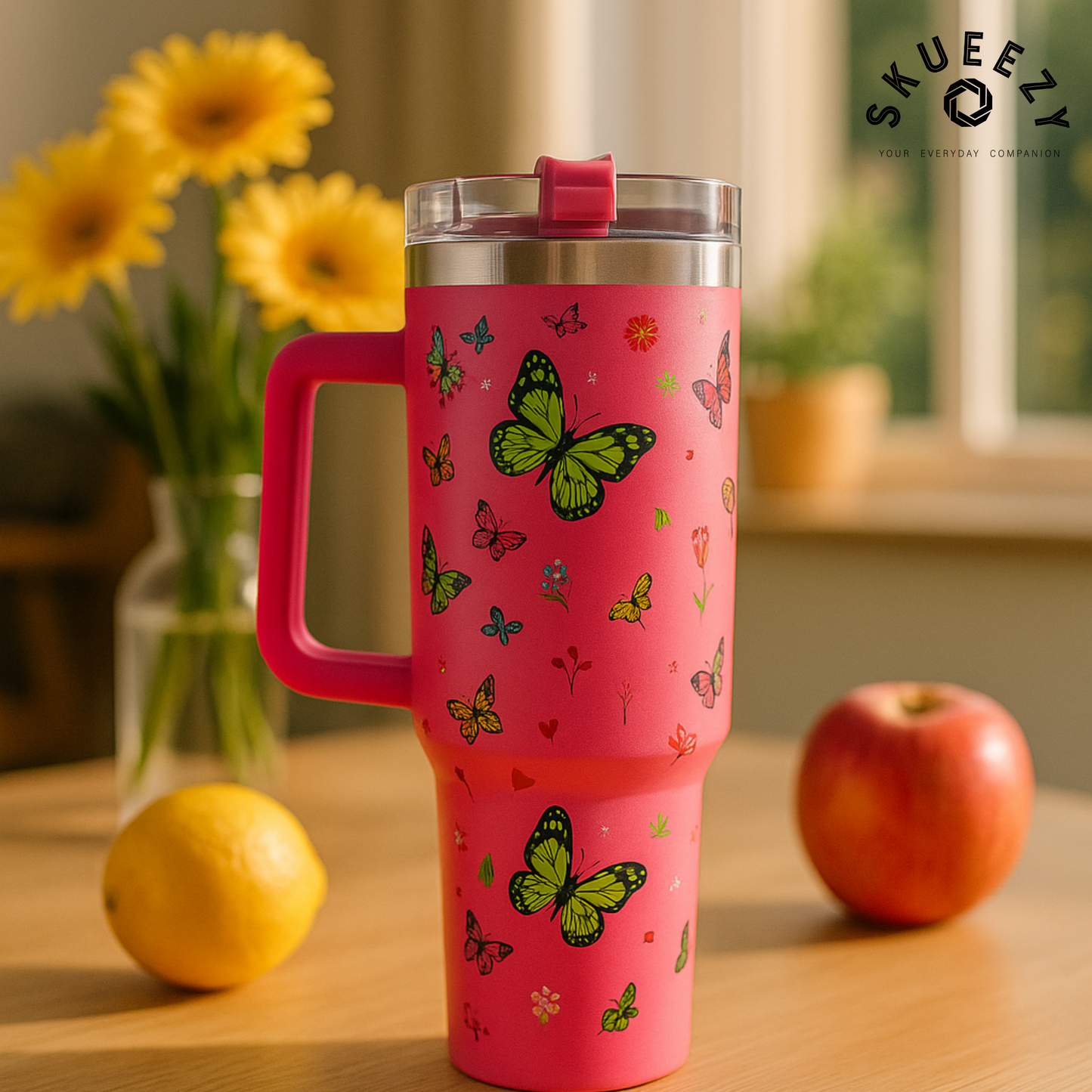 Pink Butterfly HydraFlex Bottle 1200 ML with Straw
