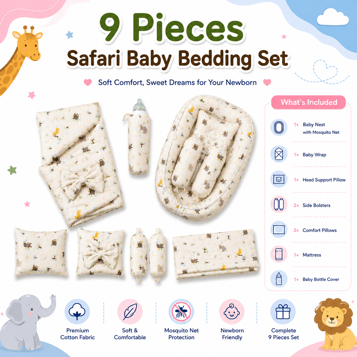 9 Pieces Safari Baby Bedding Set
