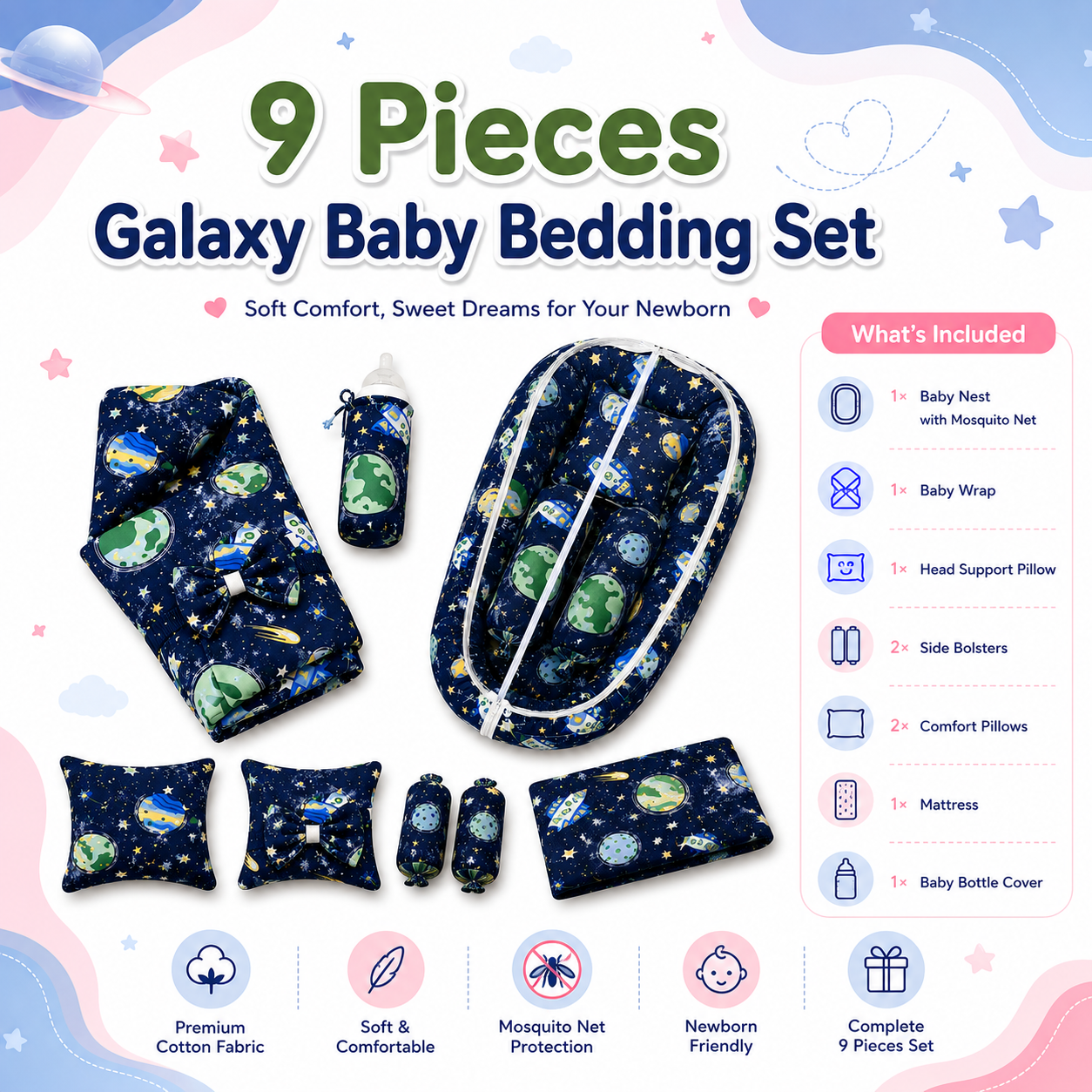 9 Pieces Galaxy Baby Bedding Set