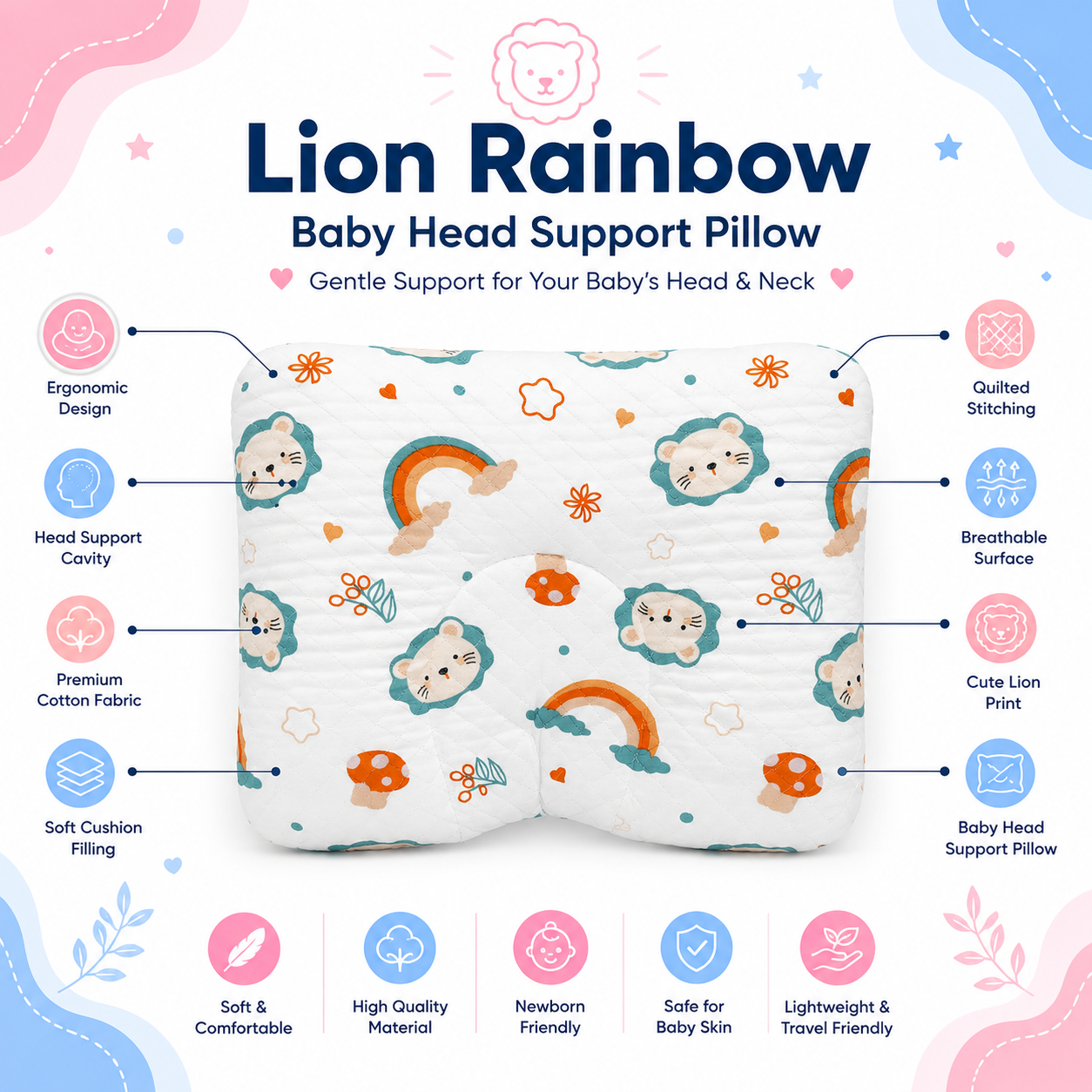 Lion Rainbow Baby Head Support Pillow