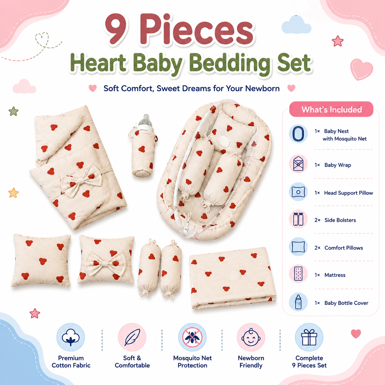9 Pieces Heart Baby Bedding Set