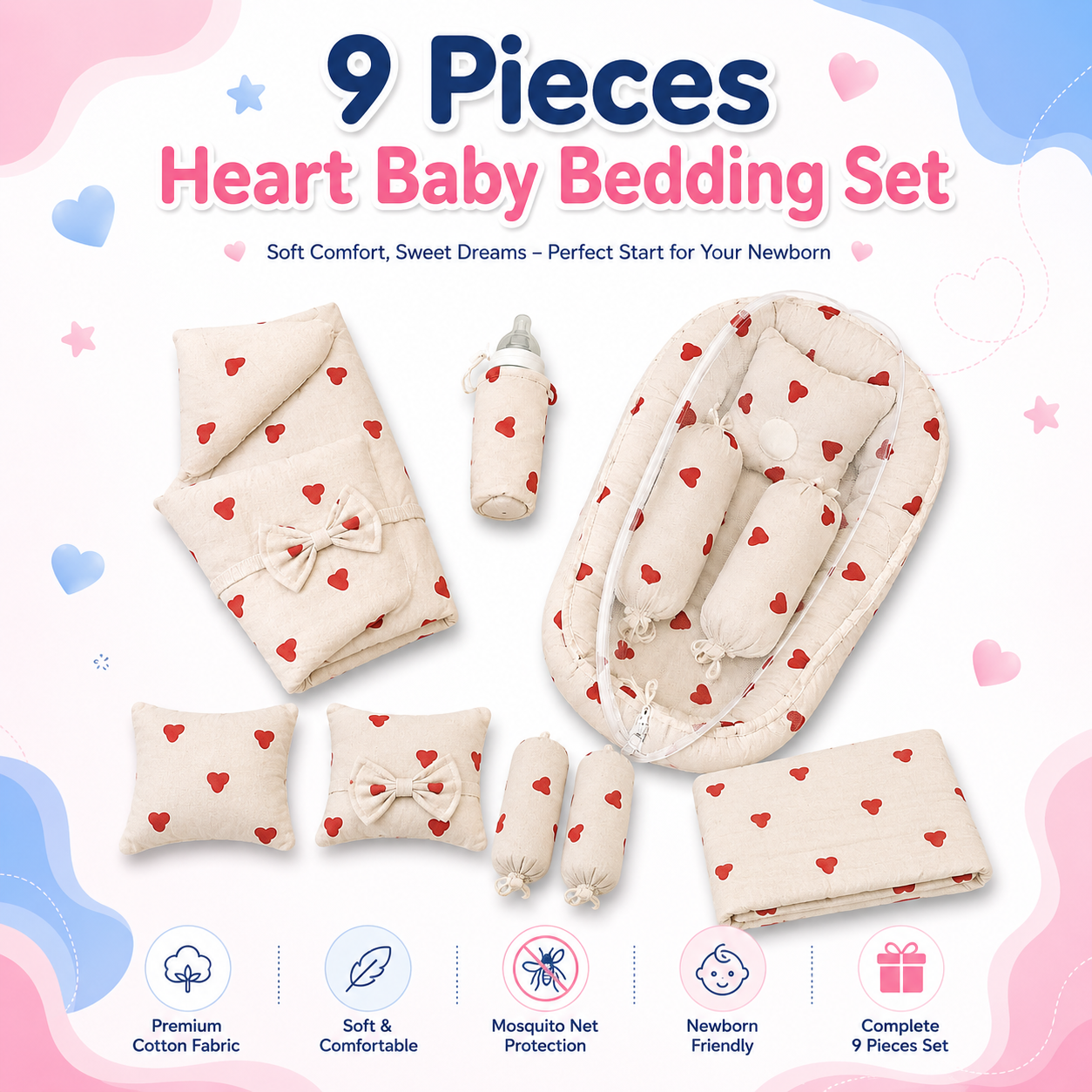 9 Pieces Heart Baby Bedding Set