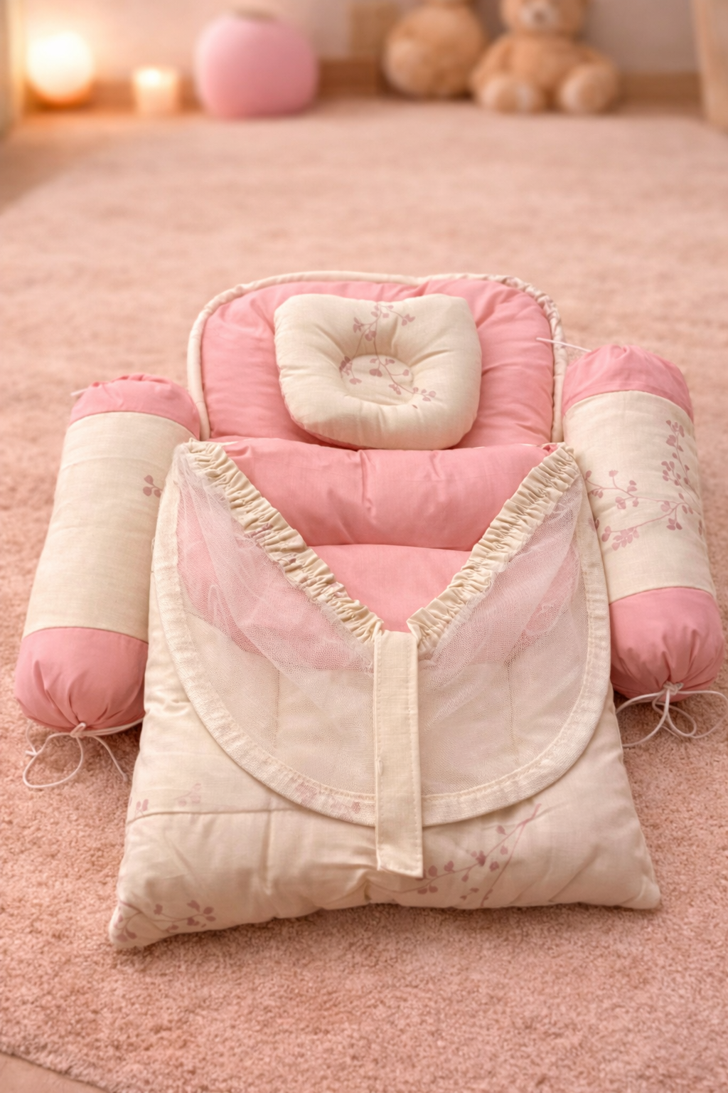 Blush Floral Baby Nest Set – 4 Pcs (Net + Pillows)