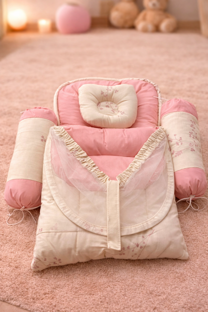 Blush Floral Baby Nest Set – 4 Pcs (Net + Pillows)