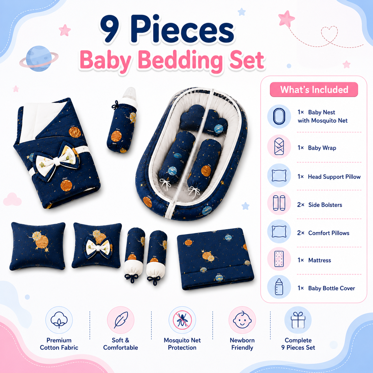 9 Pieces Space Baby Bedding Set