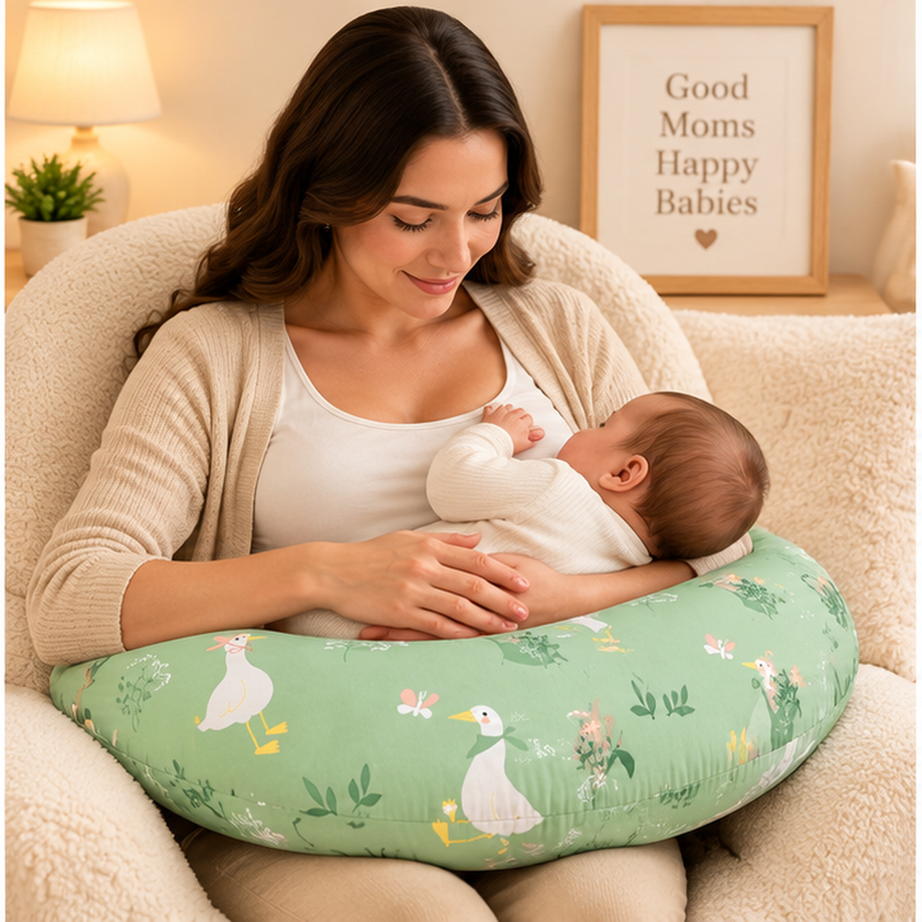 Skueezy Sage Green Stork Print Baby Nursing & Feeding Pillow