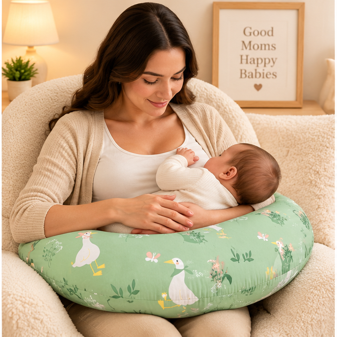 Skueezy Sage Green Stork Print Baby Nursing & Feeding Pillow