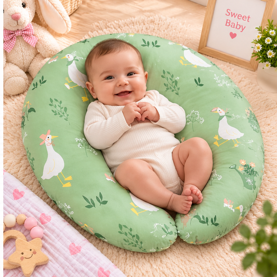 Skueezy Sage Green Stork Print Baby Nursing & Feeding Pillow