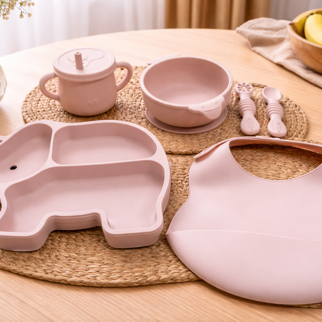 Baby Feeding Set – 6 Pcs Silicone Kit with Plate, Bowl, Cup, Bib & Spoons (BPA Free)