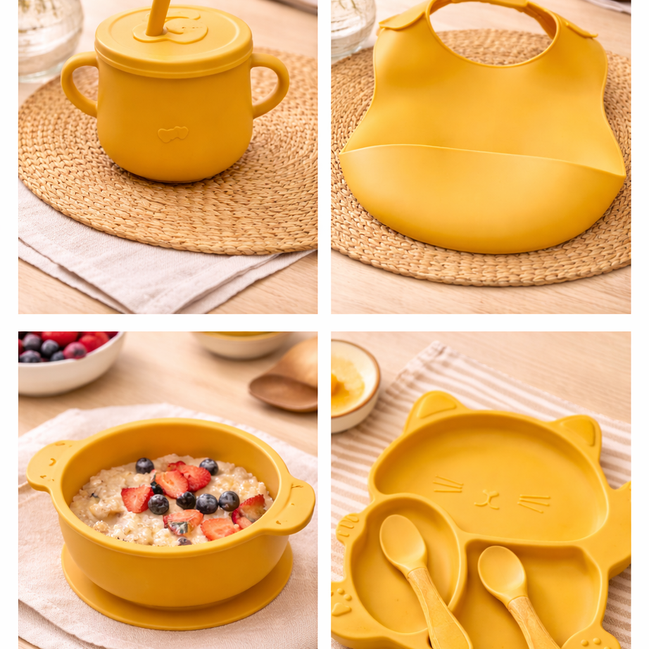 Baby Feeding Set – 6 Pcs Silicone Kit with Plate, Bowl, Cup, Bib & Spoons (BPA Free)