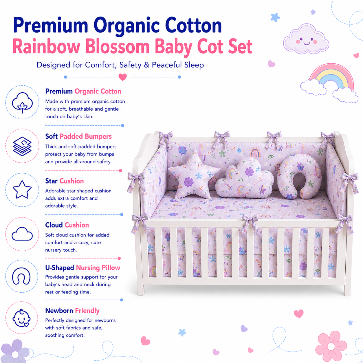 Rainbow Blossom Cot Bedding Set