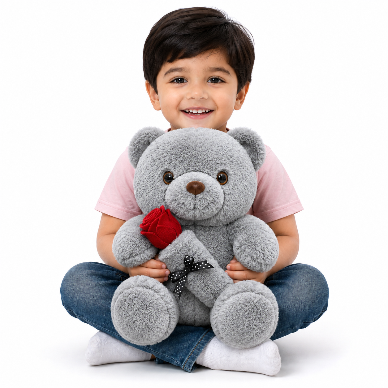 Grey Teddy Bear Plush Toy with Rose