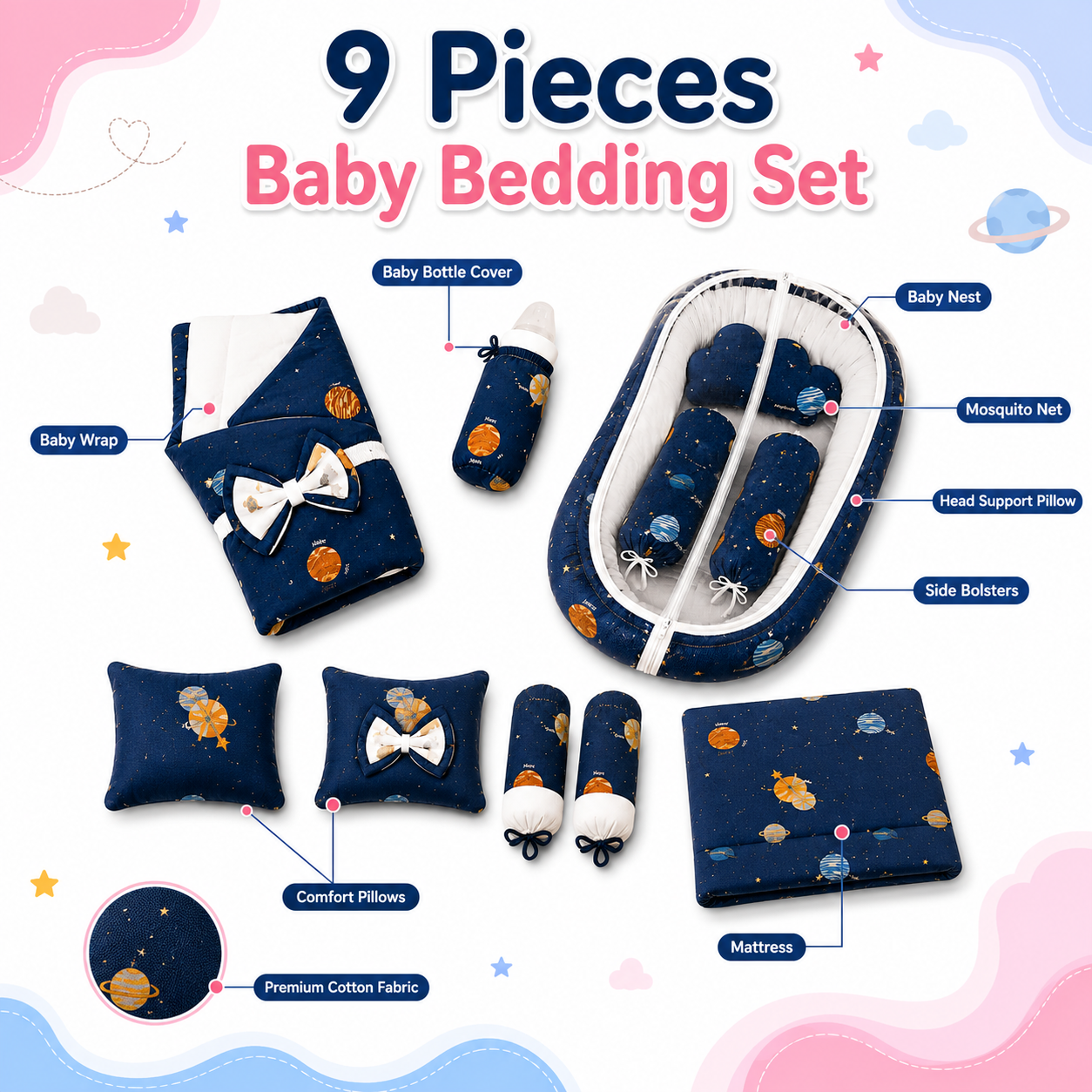 9 Pieces Space Baby Bedding Set