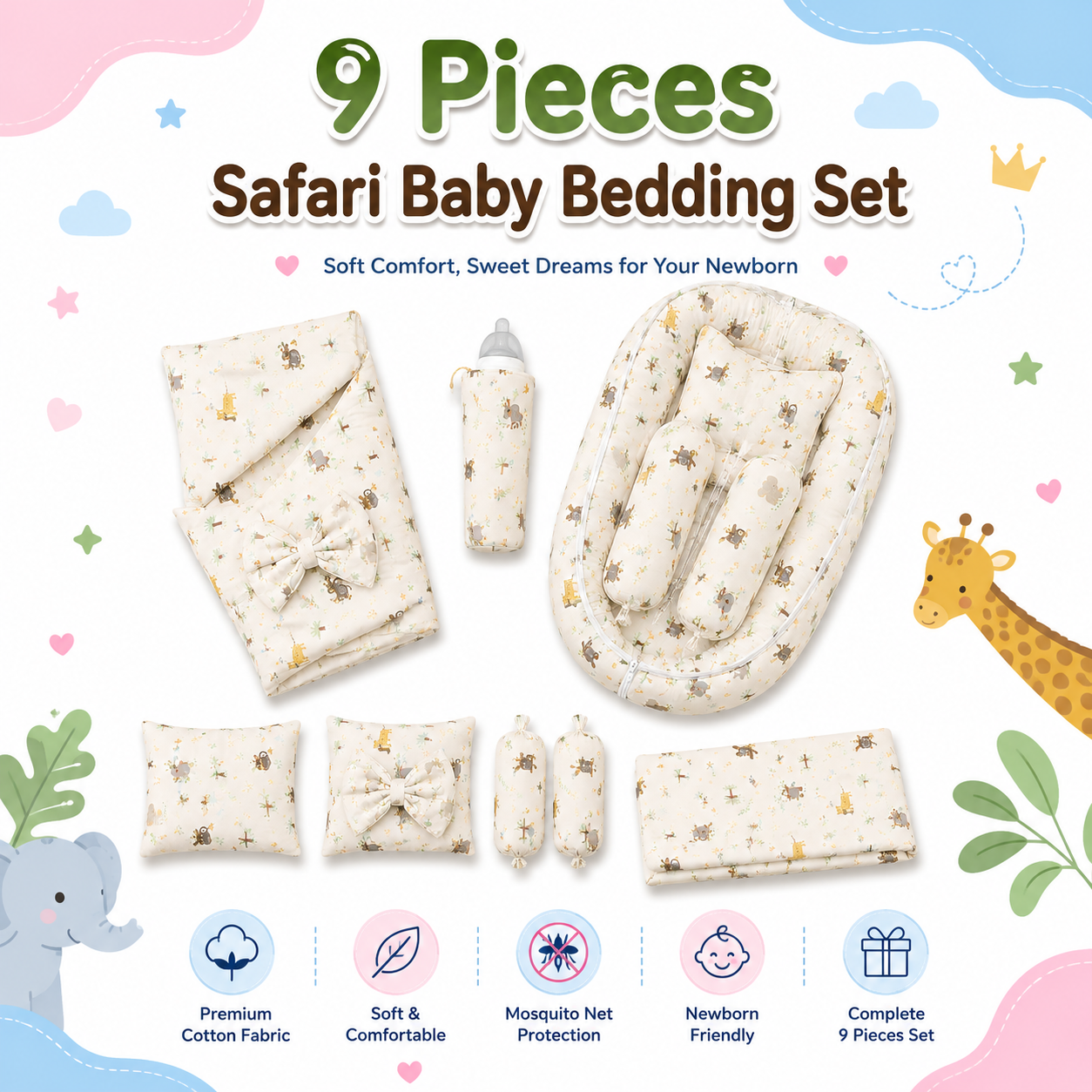 9 Pieces Safari Baby Bedding Set