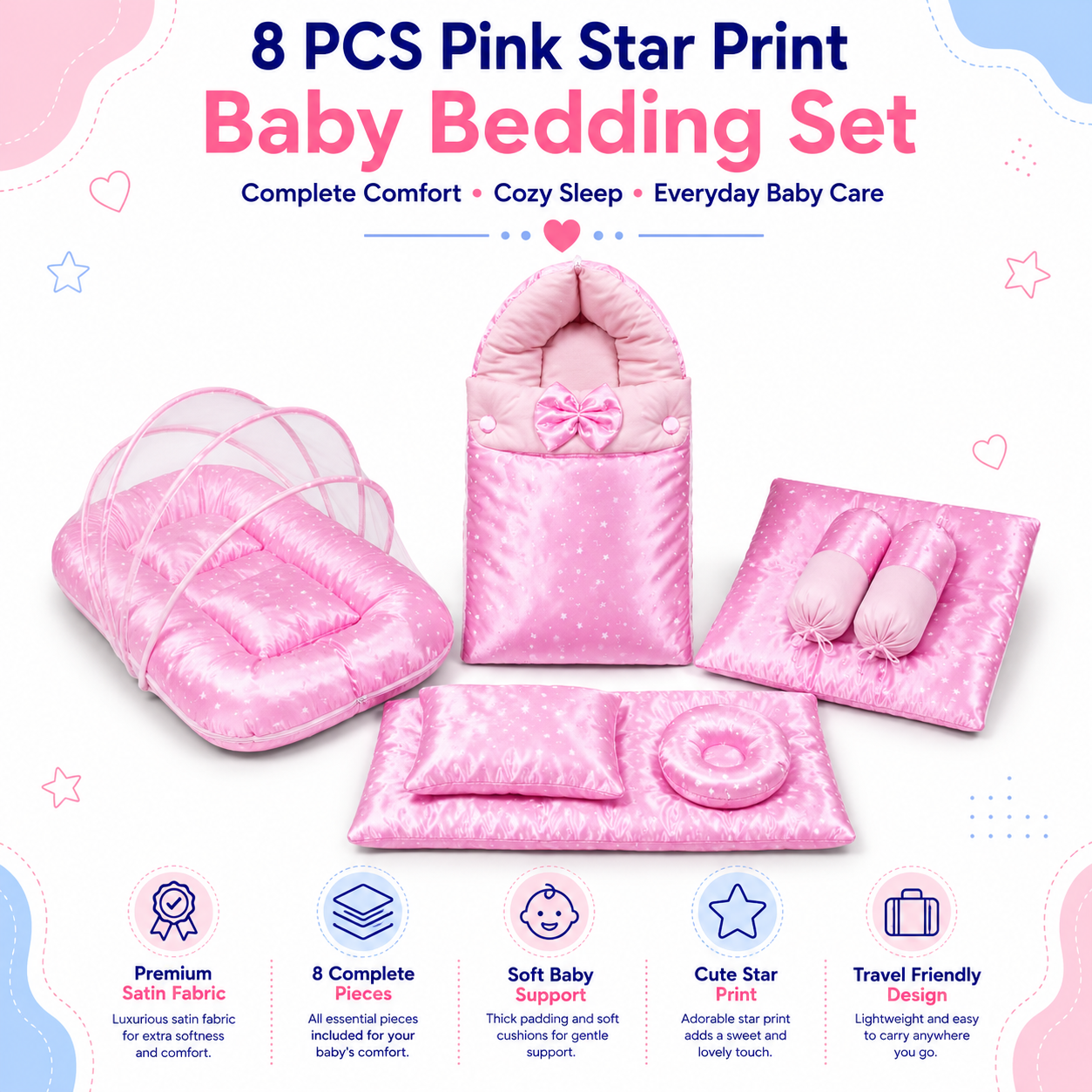 Pink Star 8 Pcs Bedding Set