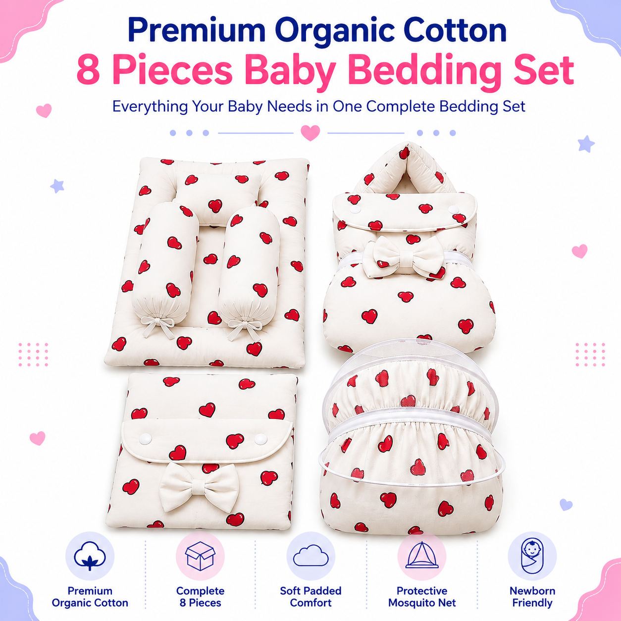 Heart 8 Pcs Bedding Set