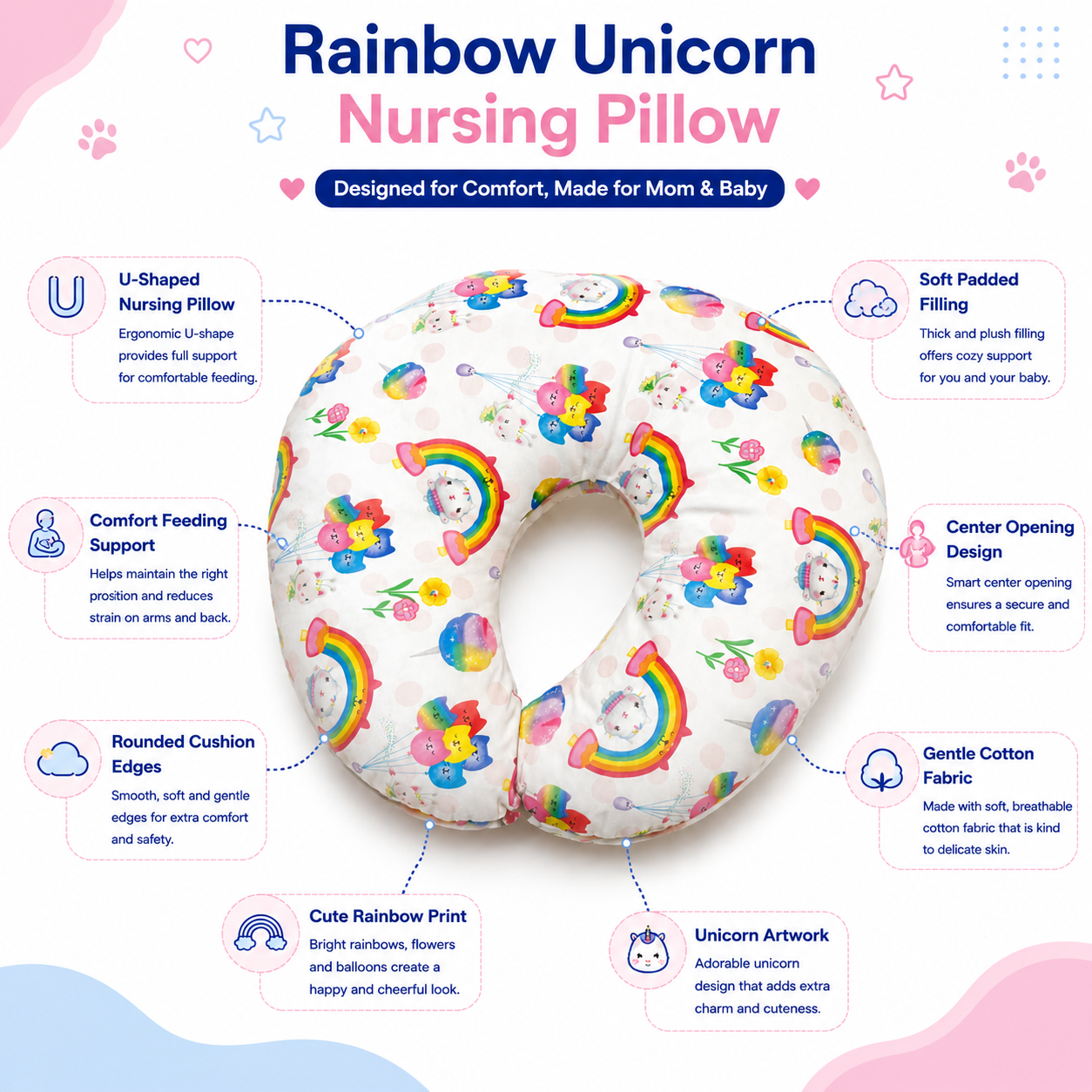 Rainbow Unicorn Nursing Pillow