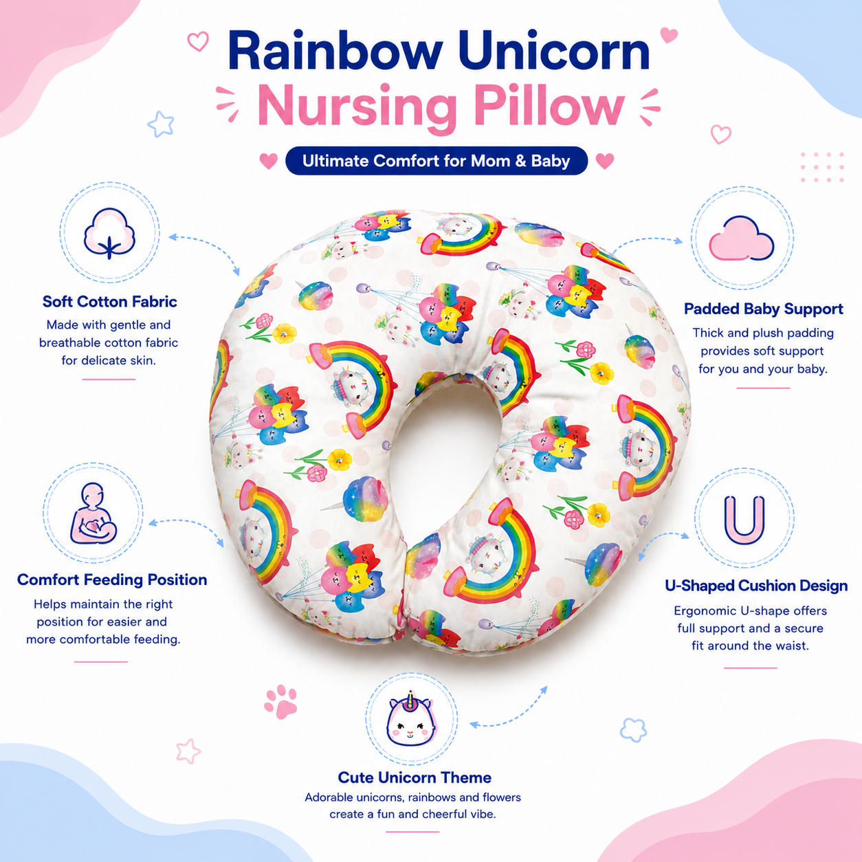 Rainbow Unicorn Nursing Pillow