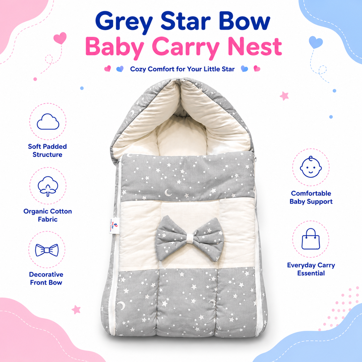 Grey Star Bow Baby Carry Nest