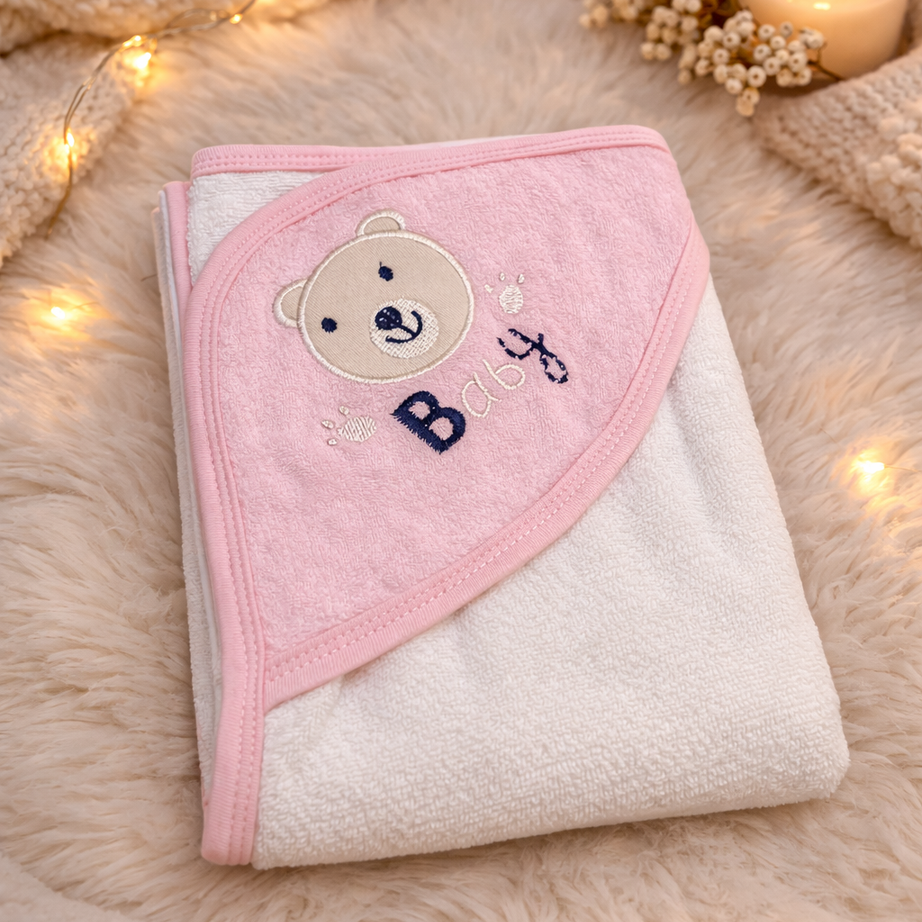 Baby Bear Pink Hooded Towel Wrap
