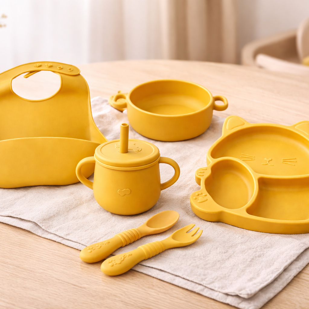 Baby Feeding Set – 6 Pcs Silicone Kit with Plate, Bowl, Cup, Bib & Spoons (BPA Free)