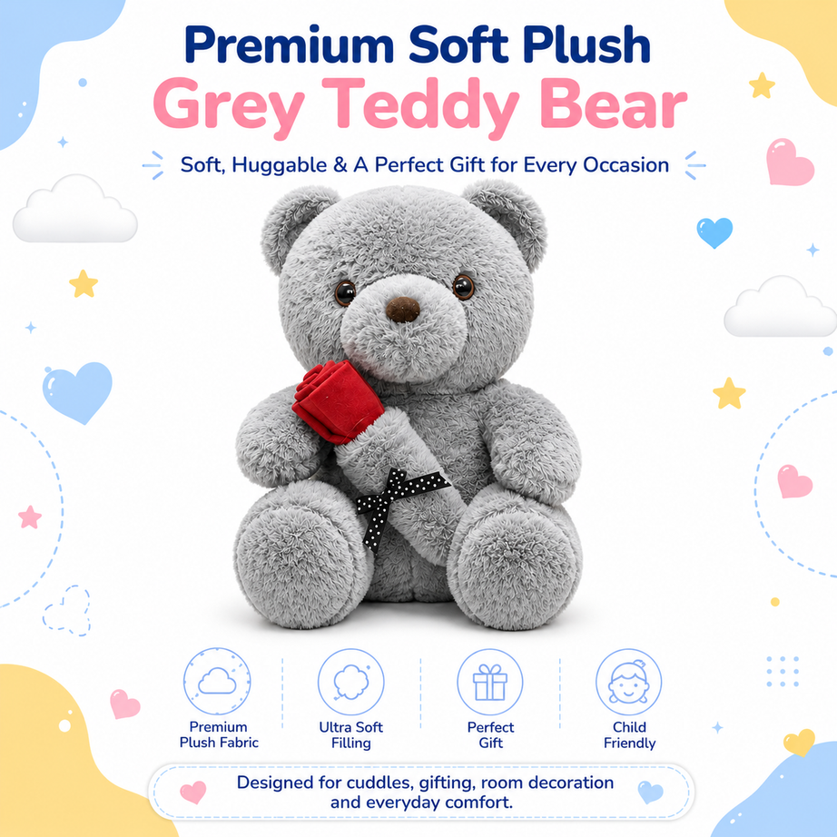 Grey Teddy Bear Plush Toy with Rose