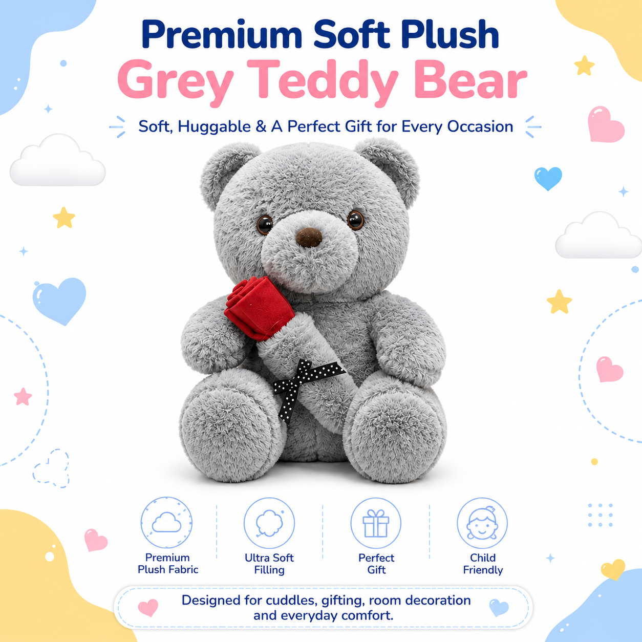 Grey Teddy Bear Plush Toy with Rose