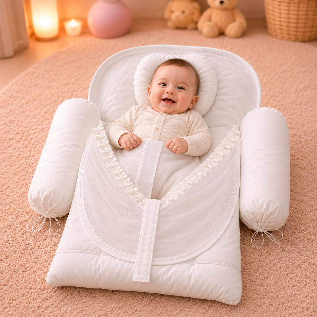 Classic White Baby Nest Set – 4 Pcs (Net + Pillows)