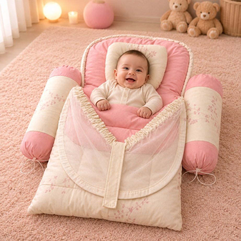 Blush Floral Baby Nest Set – 4 Pcs (Net + Pillows)