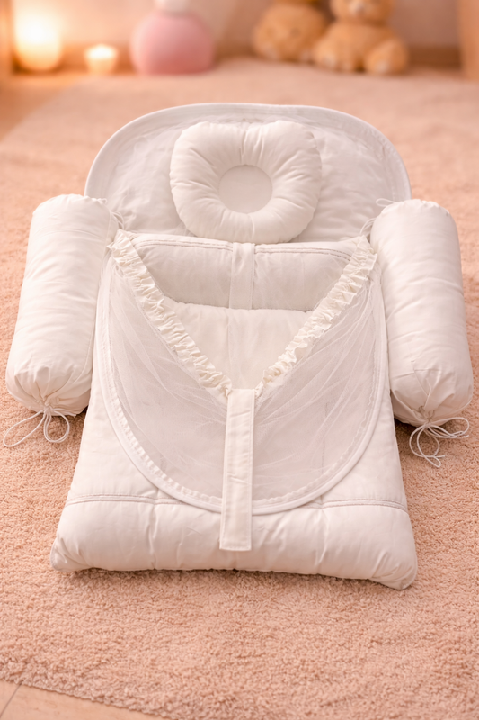 Classic White Baby Nest Set – 4 Pcs (Net + Pillows)