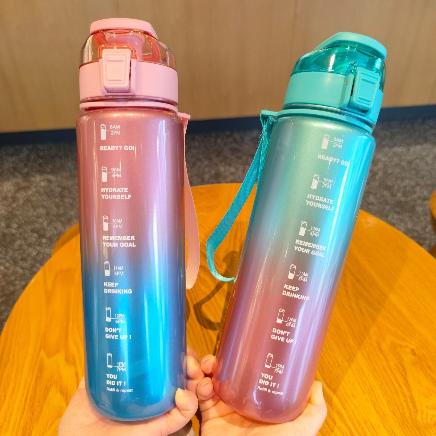 Blue Pink Motivational Water Bottle with Time Marker 1000 ML