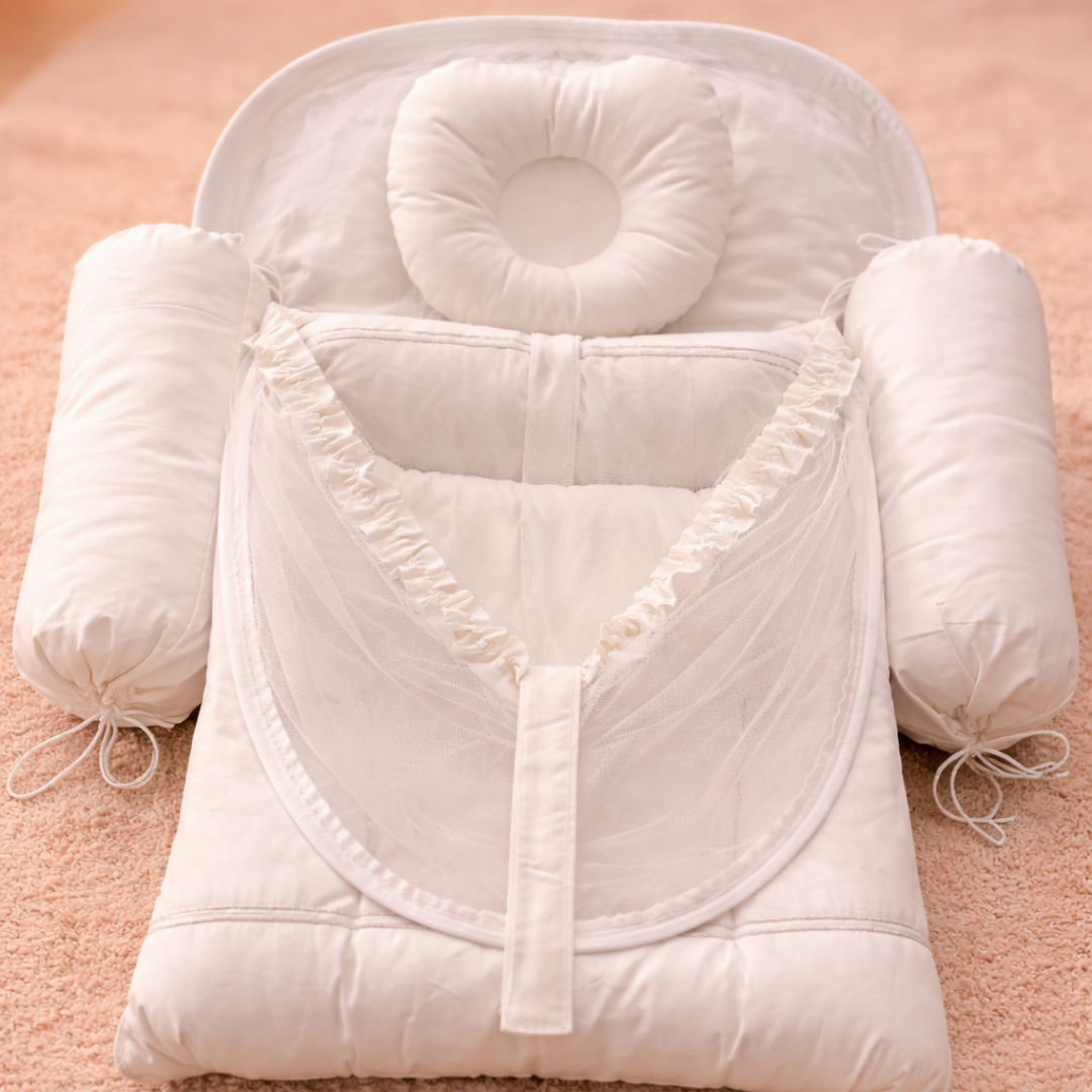 Classic White Baby Nest Set – 4 Pcs (Net + Pillows)