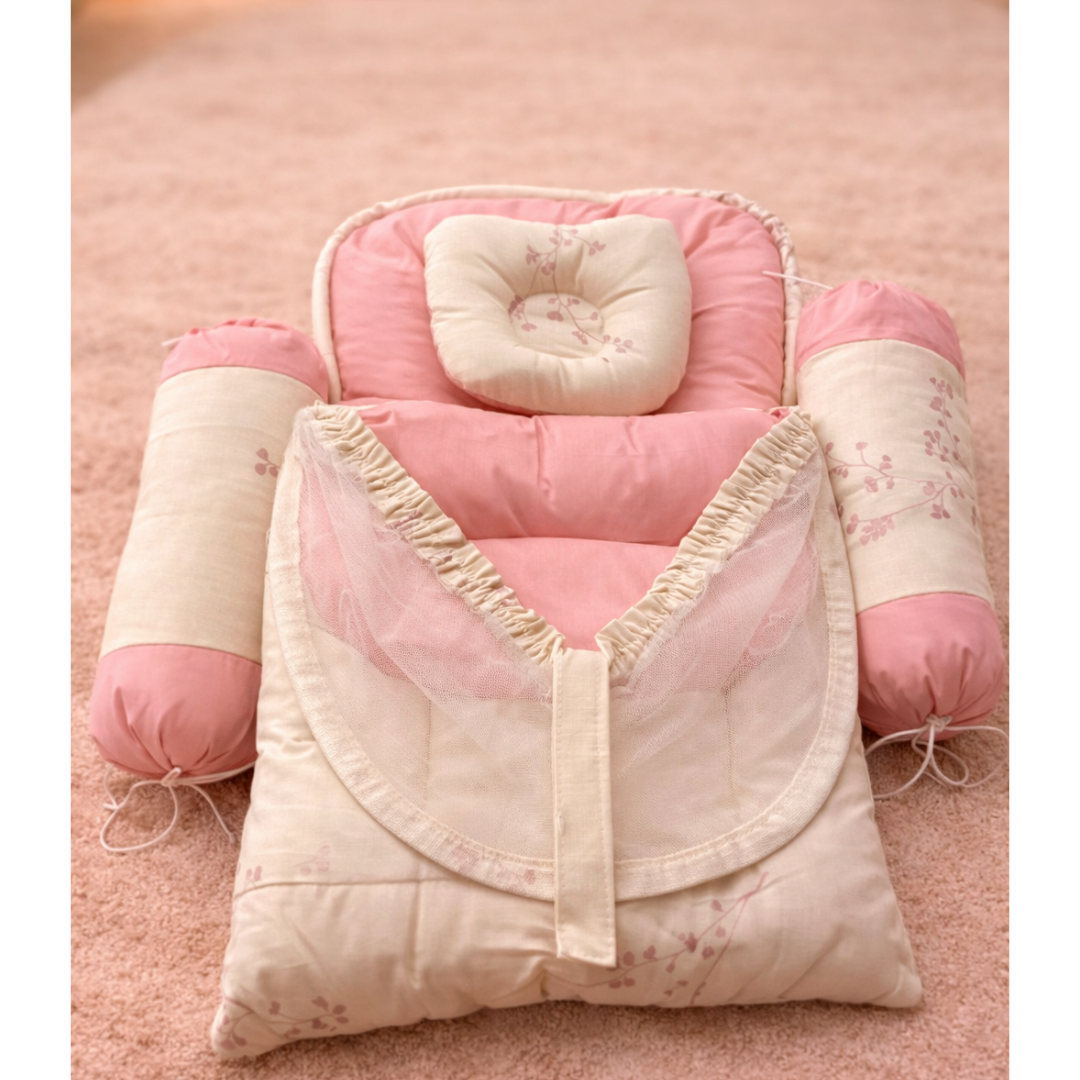 Blush Floral Baby Nest Set – 4 Pcs (Net + Pillows)