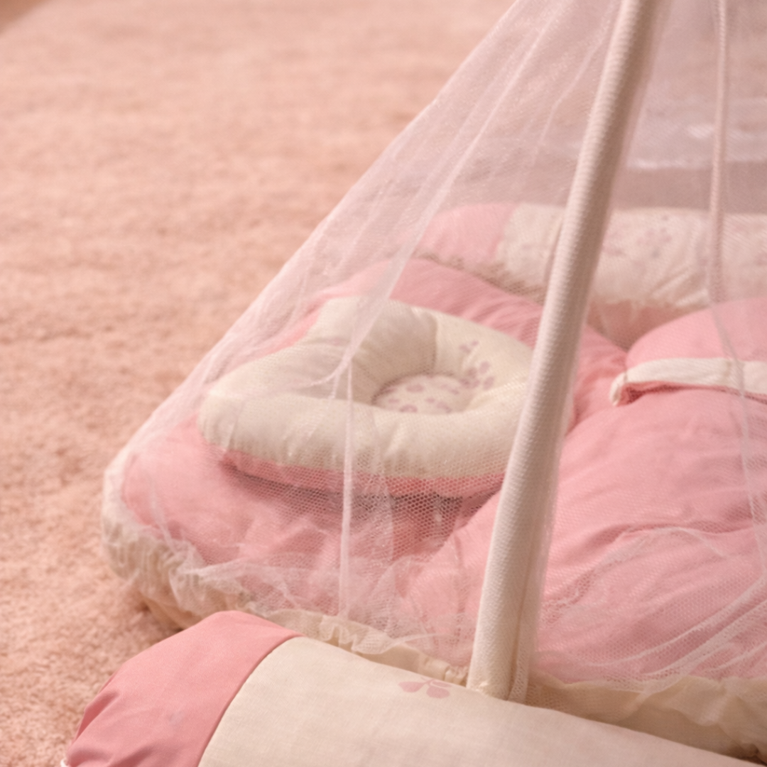 Blush Floral Baby Nest Set – 4 Pcs (Net + Pillows)