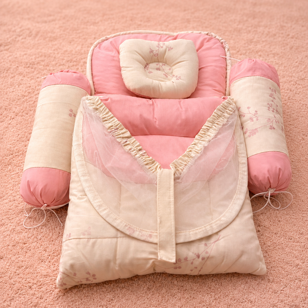 Blush Floral Baby Nest Set – 4 Pcs (Net + Pillows)